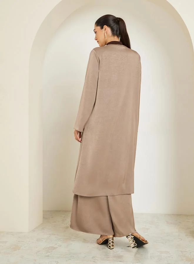 Styli  Brown Satin Kimono and Wide Leg Pants Set for Women | Best Price UAE